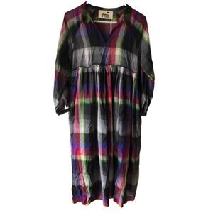 Hampden MII Women's Hand Woven Silk Cotton Long Dress Multico Check XS NWT $495